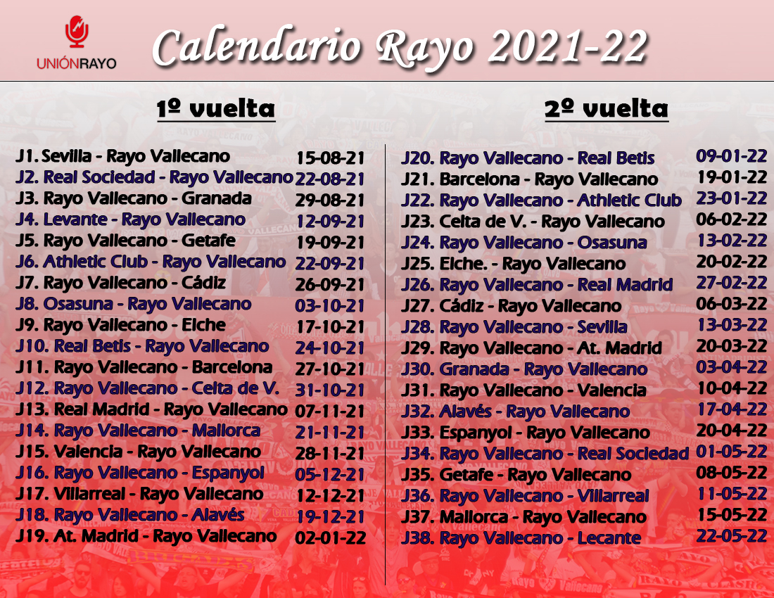 efecto Mariscos alto Calendario del Rayo Vallecano 2021-2022 en LaLiga Santander - Unión Rayo
