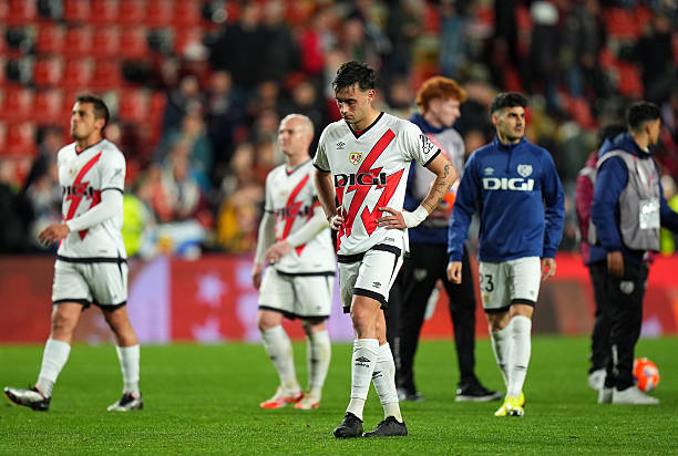 MADRID, SPAIN - APRIL 04: Pedro Diaz of Rayo Vallecano looks dejected after his team's defeat in the LaLiga match between Rayo Vallecano and RCD Espanyol de Barcelona at Estadio de Vallecas on April 04, 2025 in Madrid, Spain. (Photo by Angel Martinez/Getty Images)
