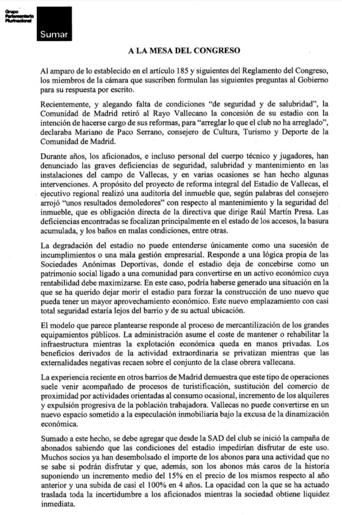 Sumar lleva el caso de Vallecas al Congreso y pregunta al Gobierno por el estado del estadio 2 img 6163