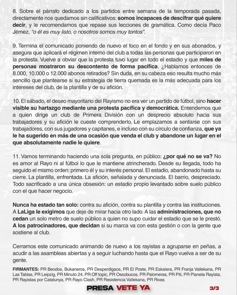 Las peñas del Rayo Vallecano responden a Martín Presa: “Nunca ha estado tan solo” 4 771f7d74 18ce 4b23 9c87 2df5d423421e
